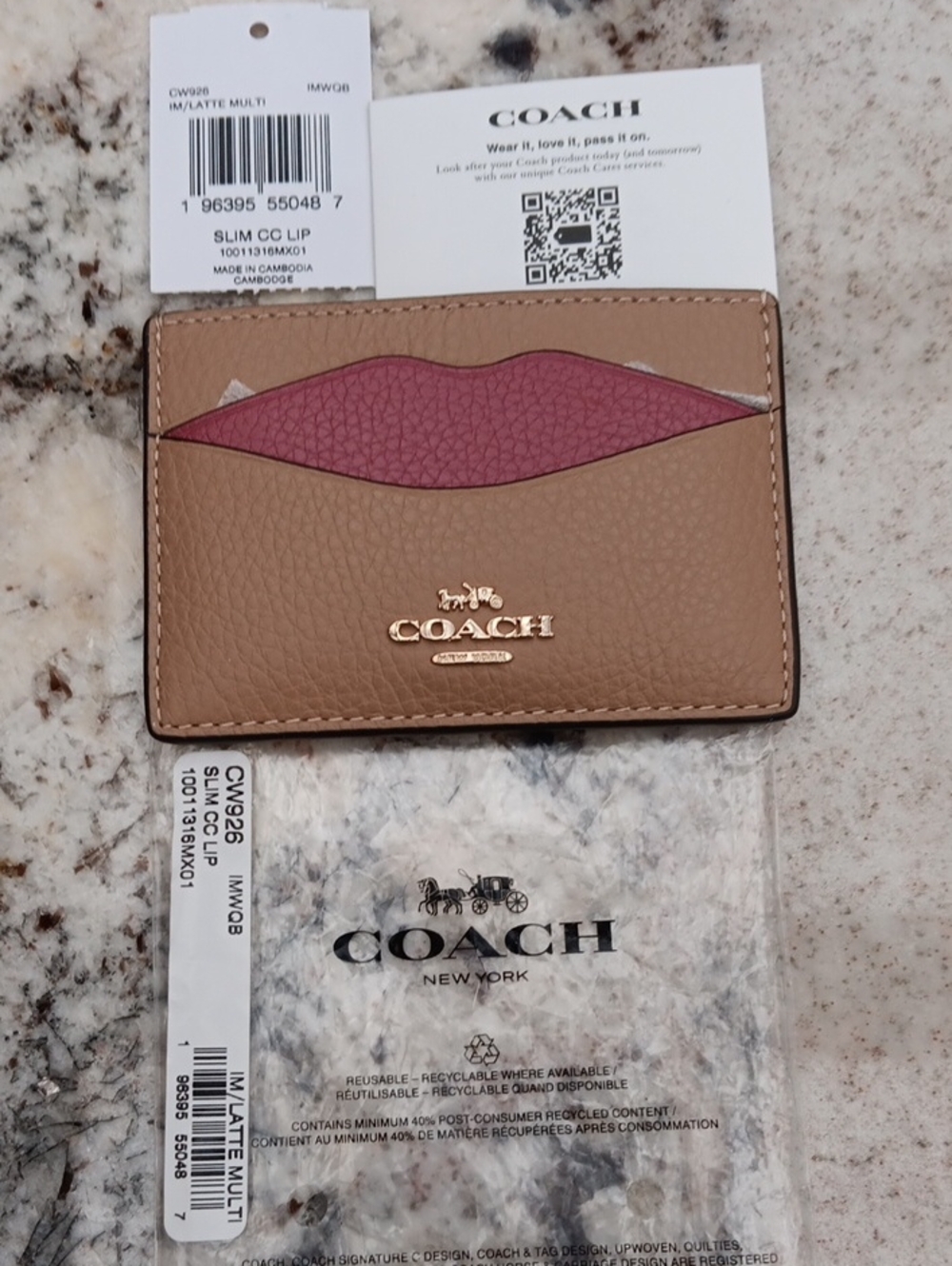 Coach Slim Card Case Latte Pebble Leather Pink Lip Accent Card Case NWT (CW926)